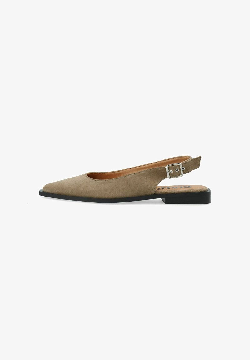 Chaussure plate slingback en daim taupe avec bout pointu, bride à boucle argentée et petit talon noir.