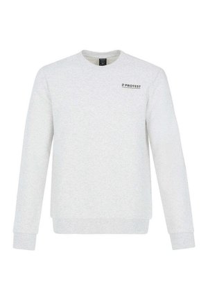 Hellgrau Sweatshirt aus weichem Stoff, mit Rundhalsausschnitt und langen Ärmeln. Auf der Vorderseite befindet sich ein kleines schwarzes "PROTEST"-Logo.
