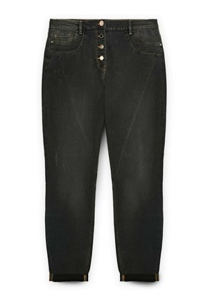 Schwarze Jeans aus Denim mit einem leicht verwaschenen Finish, fünf Taschen und einem Knopfverschluss. Umschlagabschlüsse haben kontrastierende Nähte.