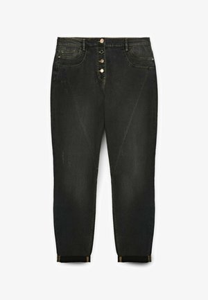 Jeans in denim nero con un finish leggermente sbiadito, cinque tasche e chiusura a bottoni. Gli orli risvoltati presentano cuciture a contrasto.