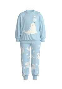 Hellblaues Baumwoll-Pyjama-Set mit einem Langarmoberteil, das ein Robbenmotiv und Schneeflocken zeigt; passende Hose mit Robben- und Schneeflockenmuster.