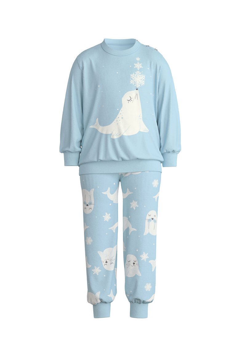 Hellblaues Baumwoll-Pyjama-Set mit einem Langarmoberteil, das ein Robbenmotiv und Schneeflocken zeigt; passende Hose mit Robben- und Schneeflockenmuster.