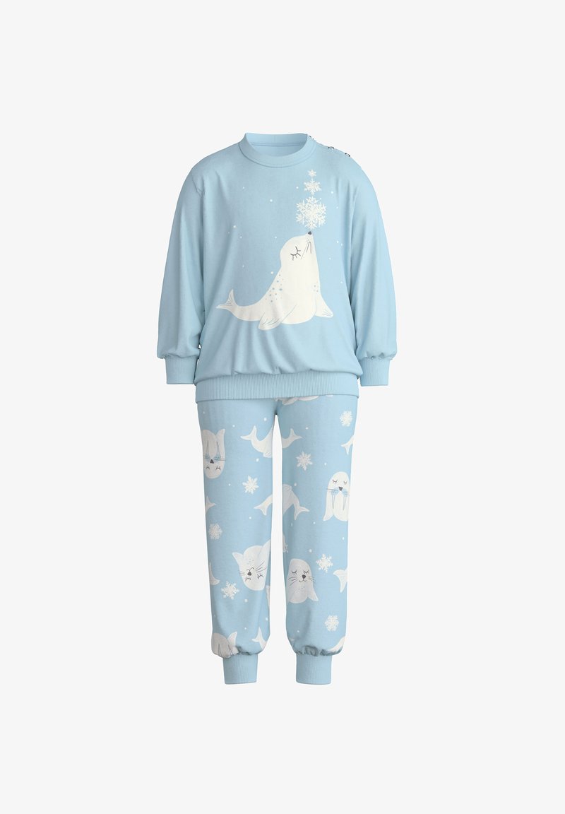 Hellblaues Baumwoll-Pyjama-Set mit einem Langarmoberteil, das ein Robbenmotiv und Schneeflocken zeigt; passende Hose mit Robben- und Schneeflockenmuster.