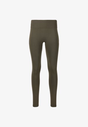 Olivengrønne leggings med en høj, bred talje, lavet af glat, strækbart stof. Ingen synlige mønstre eller hardware-detaljer.