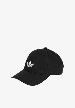 Black baseball cap made from fabric with a curved brim. Features a white embroidered logo with three leaves and stripes on the front.