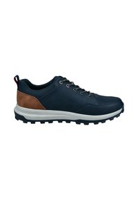 Navy athletic shoes with brown suede accents, featuring a textured upper, lace-up design, and rugged black outsole for traction.