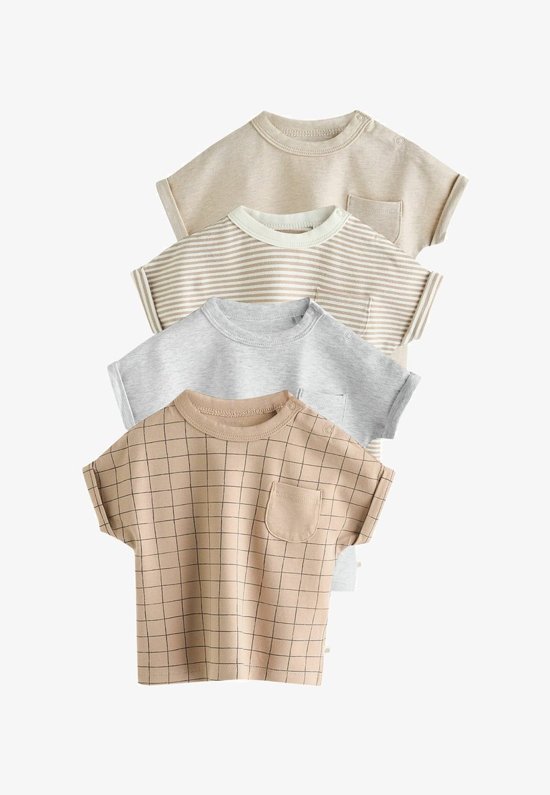 Quatre bodies à manches courtes pour bébé pliés en beige avec motif quadrillé, gris clair, rayures beige et blanches, et uni beige avec petites poches et boutons-pression.