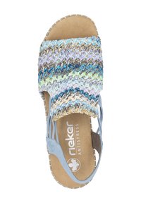 Sandalo in tessuto intrecciato blu e multicolore con una soletta morbida, design aperto e dettagli azzurri. Caratterizzato da una soletta con marchio e suola flessibile.