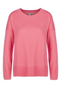 Rosa gestrickter Pullover mit Rundhalsausschnitt, überschnittenen Schultern und gerippten Bündchen und Saum. Weiche Textur, gerade Form und lässige Passform.