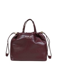 Bolso de piel burdeos con parte superior fruncida, dos asas cortas y cierre de cordón. Presenta herrajes dorados y logo grabado.