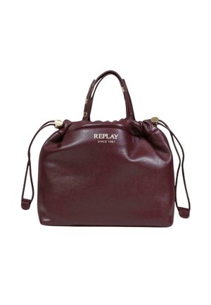 Sac à main en cuir bordeaux avec un dessus froncé, deux poignées courtes et une fermeture à cordon. Présente des accessoires en or et un logo embossé.