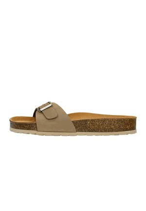 Beige Wildleder-Slidesandale mit verstellbarer Metallschnalle, Korkfußbett und heller Gummisohle.