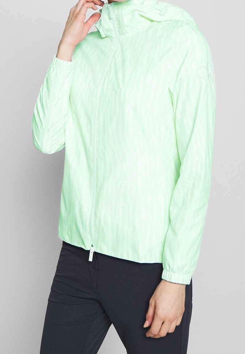 Lightweight, semi-sheer, mint-green jacket with a hood, vertical stripe pattern, zip closure, and elastic cuffs.