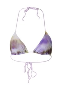 Driehoekige bikini top in een gradient patroon van lavendel, paars en geel. Voorzien van dunne, verstelbare bandjes en een striksluiting aan de achterkant.