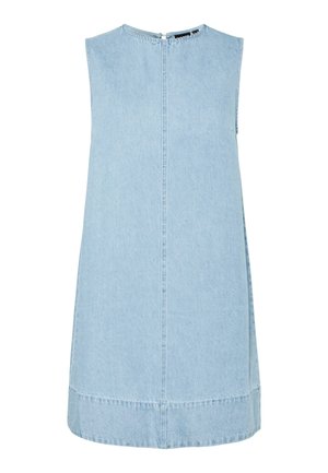 Sleeveless light blue denim shift dress with round neckline and back zipper closure, featuring vertical seam details and a wide hem.