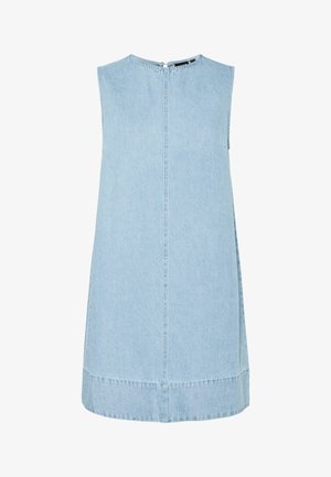 Sleeveless light blue denim shift dress with round neckline and back zipper closure, featuring vertical seam details and a wide hem.