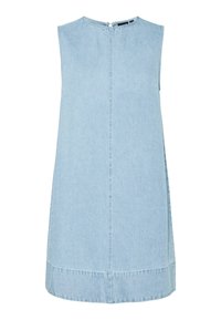 Rochie tip shift din denim bleu deschis, fără mâneci, cu decolteu rotund și fermoar la spate, cu detalii verticale ale cusăturilor și tiv larg.