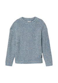 Hellblauer gestrickter Pullover mit Rundhalsausschnitt, gerippten Bündchen und Saum. Enthält ein strukturiertes Muster und ein kleines Logetikett an der Seite.
