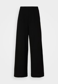 Black wide-leg trousers with a high waist, featuring front pleats, smooth fabric, and no visible closures or pockets. Simple, modern design.