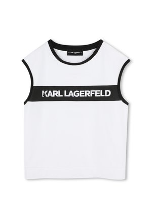 Witte mouwloze top met een zwarte band waarop het logo "KARL LAGERFELD" staat. Gladde stof, ronde halslijn en een strak ontwerp.