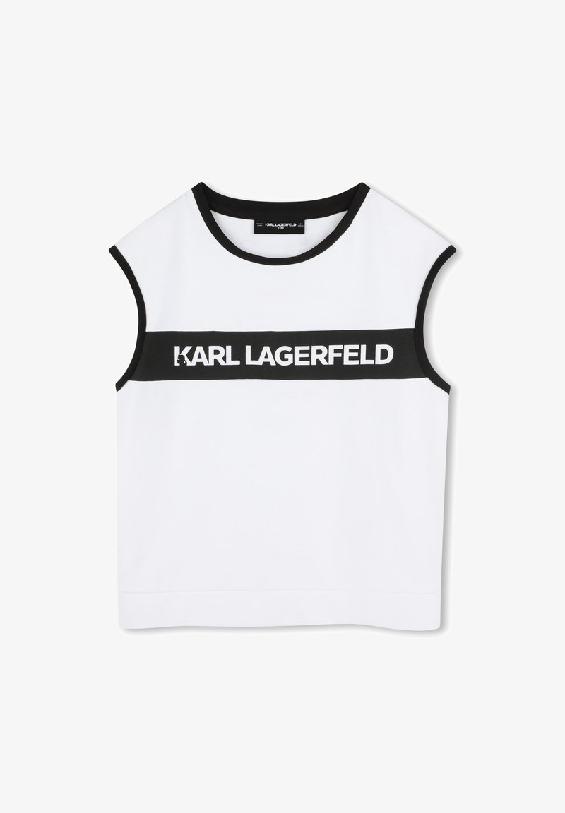 Haut sans manches blanc avec une bande noire arborant le logo "KARL LAGERFELD". Tissu lisse, encolure ronde et design épuré.
