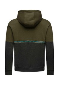 Hooded sweatshirt with an olive green upper and dark gray lower section. Features a blue and white striped accent across the chest.
