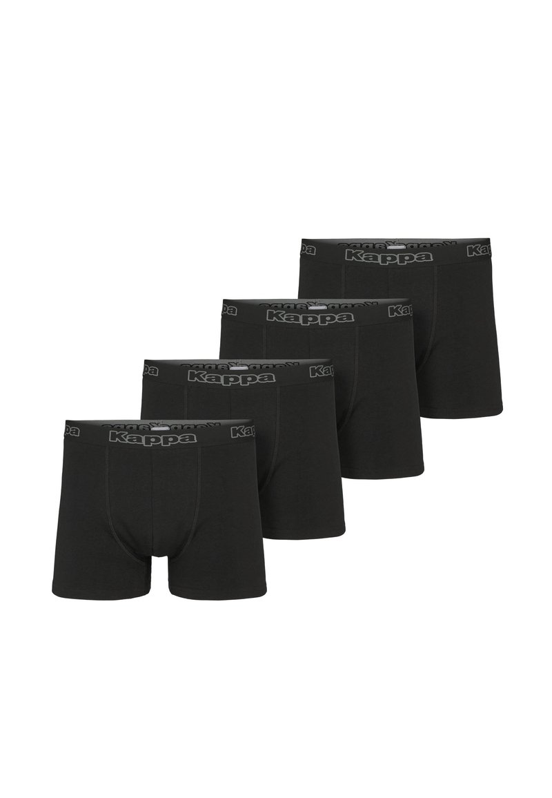 Štyri páry čiernych bavlnených boxeriek s elastickým pásom, na ktorom je biele logo Kappa, s jednoduchým dizajnom.