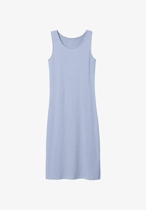 Abito canotta a coste di colore azzurro chiaro con scollatura rotonda. Design senza maniche e taglio dritto, realizzato in tessuto leggero e texturizzato.