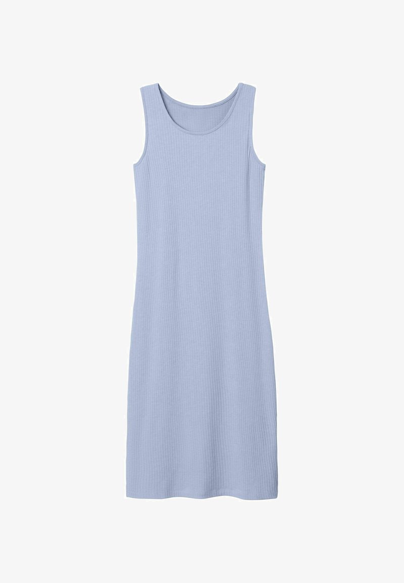 Světle modré žebrované šaty na ramínka s kulatým výstřihem. Bez rukávů a rovného střihu, vyrobené z lehké texturované látky.