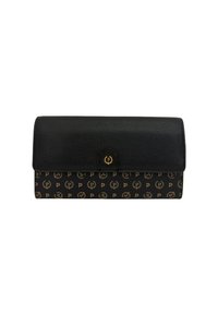 Portafoglio in pelle nera con una superficie liscia, caratterizzato da una sezione inferiore decorata con un motivo e dettagli in oro, completato da una chiusura a scatto circolare.