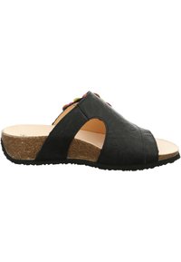 Schwarze Leder-Sandalen mit Schnittdetails, Korkfußbett und bunten Akzenten im Obermaterial. Texturierte Oberfläche mit konturiertem Design.