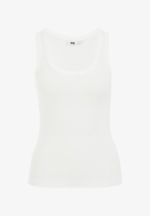 Bela majica brez rokavov, rebrasta tekstura, prilegan design, široke naramnice, okroglo izrezan vrat in ravno spodnji rob. Oznaka velikosti vidna znotraj.