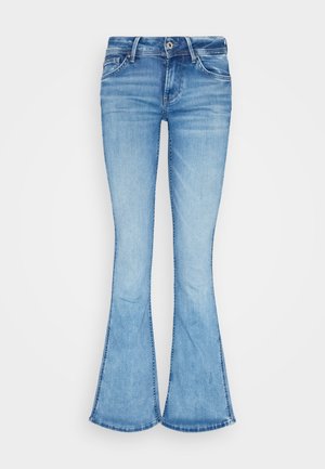 Himmelblaue, ausgestellte Jeans aus Denim mit mittelhohem Bund, fünf Taschen und dezenten Used-Effekten; verfügt über Nähte entlang der Säume.