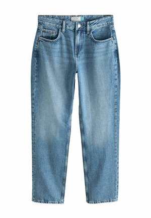 Svetlo modri traper hlače ravnega kroja, izdelane iz denima, z petimi žepi, diskretnimi detajli odrgnin in klasičnim pasom z zapiranjem na gumb.