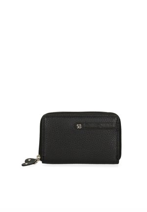 Portafoglio in pelle nera con finitura textured, dotato di chiusura con zip e un logo impresso in modo discreto sul fronte.