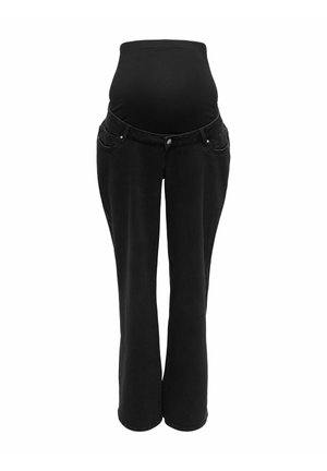 Black maternity jeans with a stretchy over-bump panel, five-pocket design, straight leg, and a solid fabric texture.