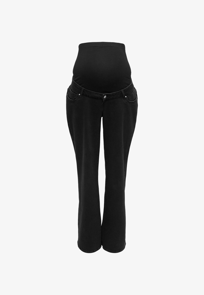 Black maternity jeans with a stretchy over-bump panel, five-pocket design, straight leg, and a solid fabric texture.