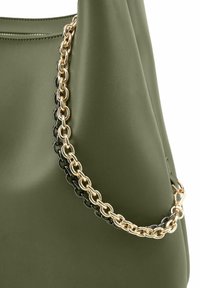 Olive green faux leather shoulder bag with a chain strap featuring alternating gold and black links, smooth texture and minimalist design.