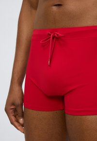 Κόκκινα μαγιό σορτς από λείο, ελαστικό υλικό. Διαθέτουν ζωνάκι με κορδόνι στη μέση και εφαρμοστή γραμμή, με μονόχρωμο ύφος χωρίς σχέδια.