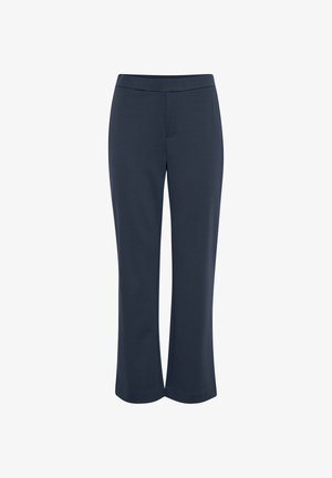 Marineblaue Stretchhose mit glatter Textur, weitem Bein und elastischem Bund. Verfügt über ein einfaches, sauberes Design ohne Taschen.