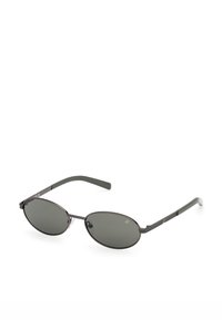 Gafas de sol ovaladas con lentes gris oscuro y una delgada montura metálica. Presentan un sutil texturizado en las patillas y detalles de goma gris en las puntas.