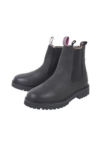 Zwarte leren Chelsea boots met elastische zijkanten, treklussen, getextureerde rubberen zolen en een gladde afwerking. Binnenzijde gevoerd met zacht materiaal.