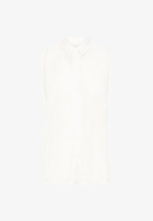 Bez piedurknēm baltā krekla blūze ar klasiskiem apkakli un pogu aizdari. Izgatavota no gludas auduma ar taisnu piegriezumu un bez rakstiem.