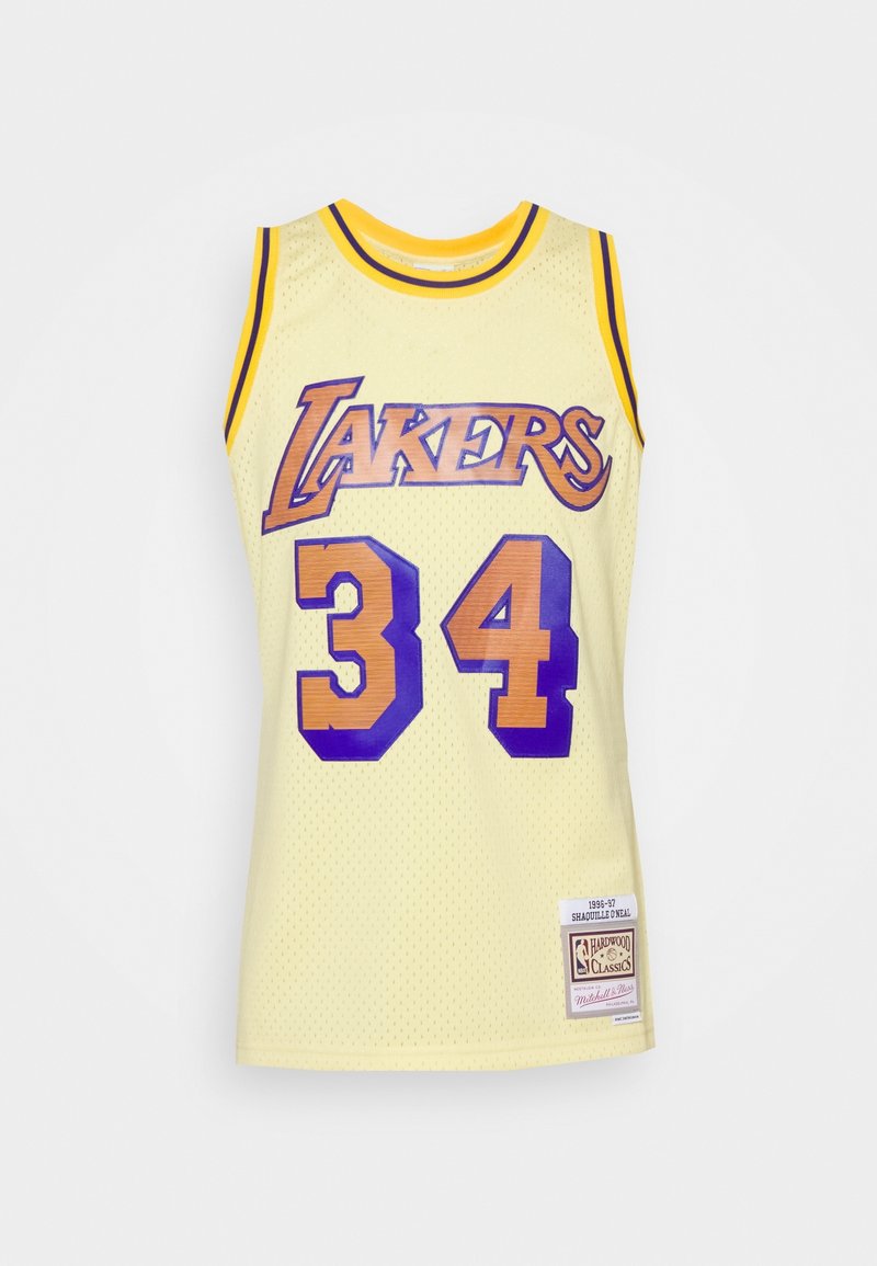 Gul basketballtrøje med lilla detaljer, der pryder "LAKERS" og nummer "34." Mesh-stof med ribbet halsudskæring og mærke i kanten.