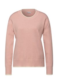 Maglione rosa lavorato a maglia con scollatura rotonda, polsini e orlo a coste, e un bordo a contrasto crema al colletto e sul fondo. Texture morbida.