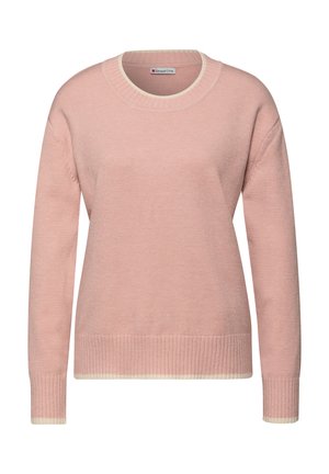 Rosa gestrickter Pullover mit rundem Halsausschnitt, gerippten Bündchen und Saum sowie kontrastierendem cremefarbenem Besatz am Kragen und am unteren Rand. Weiche Textur.