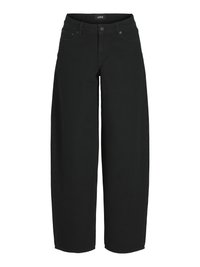 Black wide-leg jeans made from cotton denim, featuring a high waist, front pockets, and a button closure. Simple and versatile design.
