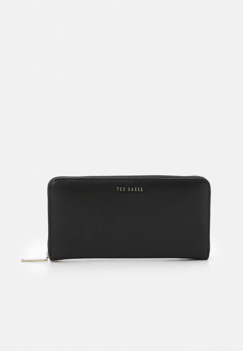 Black leather wallet with gold-tone logo, zip closure, and rectangular shape. Smooth texture with stitched edges and internal compartments.