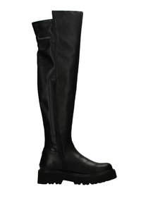 Stivali neri al ginocchio realizzati in morbida ecopelle, con cerniera laterale, suola spessa e un design elegante e aderente.