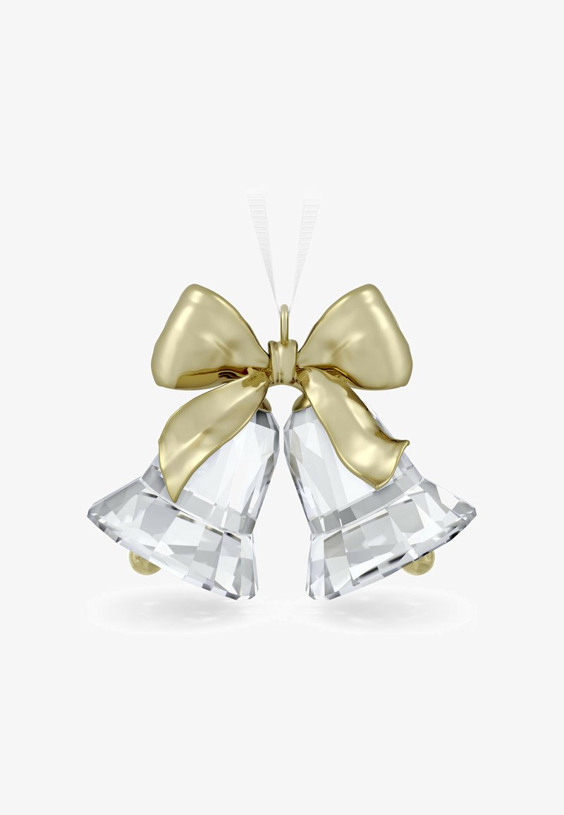 Ozdoba dzwonka z kryształu z metaliczną złotą kokardą. Dzwonki są fasetowane, odbijają światło, mają wyraźną, gładką fakturę. Dołączona jest biała wstążka do zawieszenia.